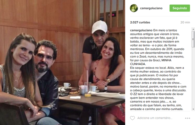Desabafo de Luciano Camargo defendendo a cunhada, Graciele Lacerda (Foto: Reprodução/Instagram) Desabafo de Luciano Camargo defendendo a cunhada, Graciele Lacerda (Foto: Reprodução/Instagram)