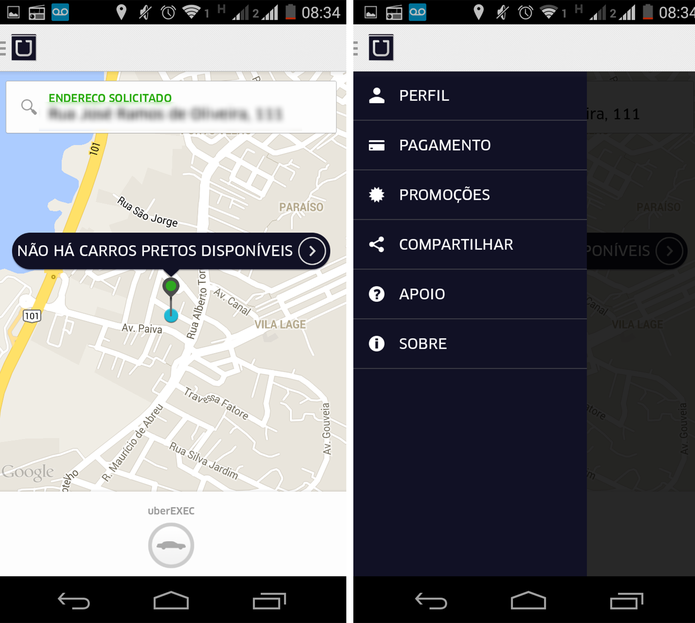 Localização automática do usuário pelo GPS no Uber (Foto: Reprodução/ Marcela Vaz)