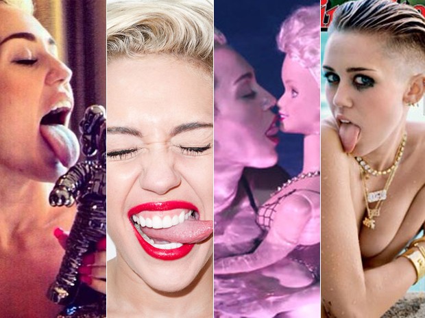 Miley Cyrus mostra a língua em quatro momentos deste ano (Foto: Reprodução/Twitter, Divulgação/Terry Richardson e Divulgação/Rolling Stone)