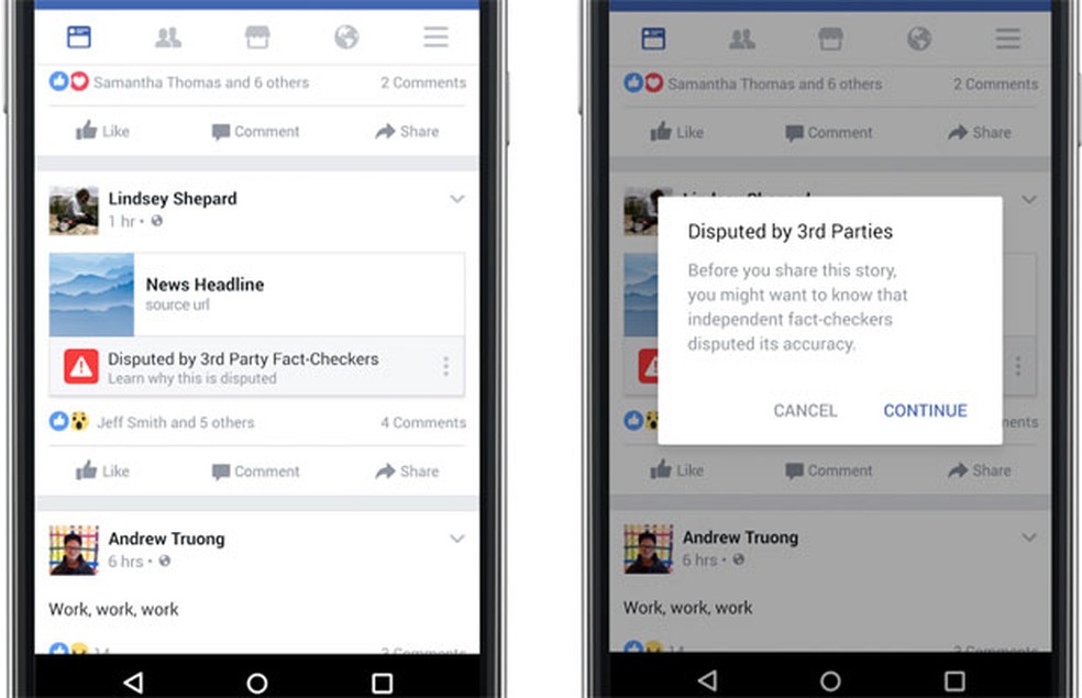 Avisos do Facebook de posts com notícias falsas checadas por entidades de 'fact checking'  (Foto: Divulgação/Facebook)