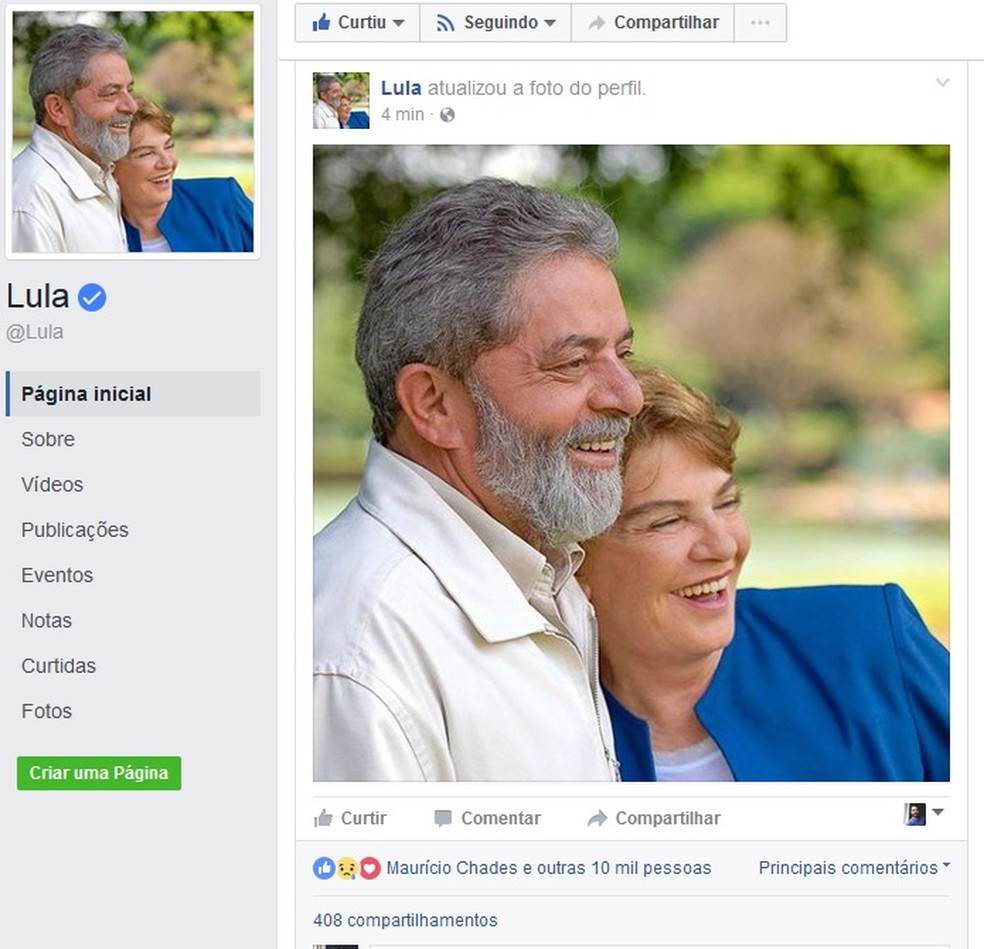 Lula muda foto de perfil no Facebook em homenagem a Dona Marisa (Foto: Reprodução/Facebook)