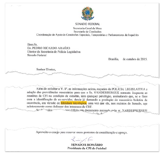 Em documento, Romário diz que lobista da CBF pratica falsidade ideológica (Foto: Reprodução)