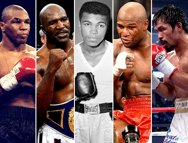 montagem boxeadores Top 5 Mike Tyson, Evander Holyfield, Muhammad Ali, Floyd Mayweather Jr. e Manny Pacquiao (Foto: Editoria de Arte / Globoesporte.com)