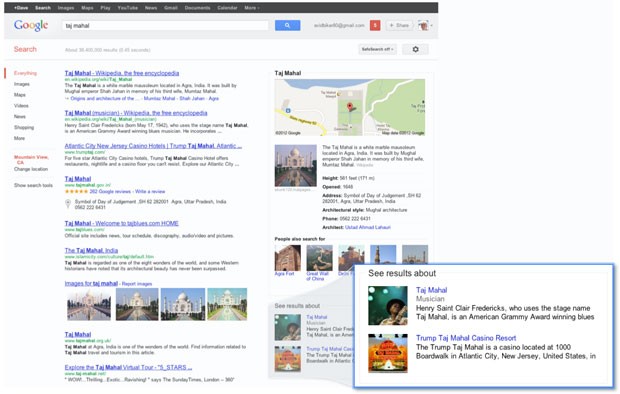 Em uma busca por Taj Mahal, o Google vai mostrar que existe o monumento e o músico. Assim, usuário poderá refinar a sua busca, conforme a companhia (Foto: Divulgação)