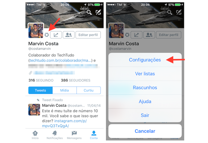 Acessando as configurações do Twitter para iPhone (Foto: Reprodução/Marvin Costa)