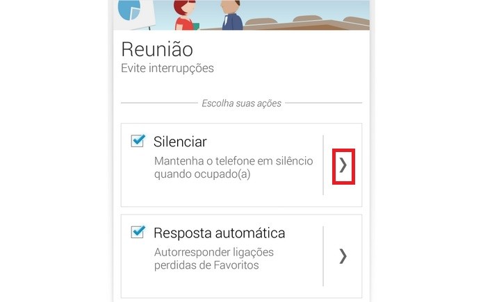 Card Reunião expandido, com destaque para seta configuração das exceções da ferramenta Silenciar (Foto: Reprodução/Raquel Freire)