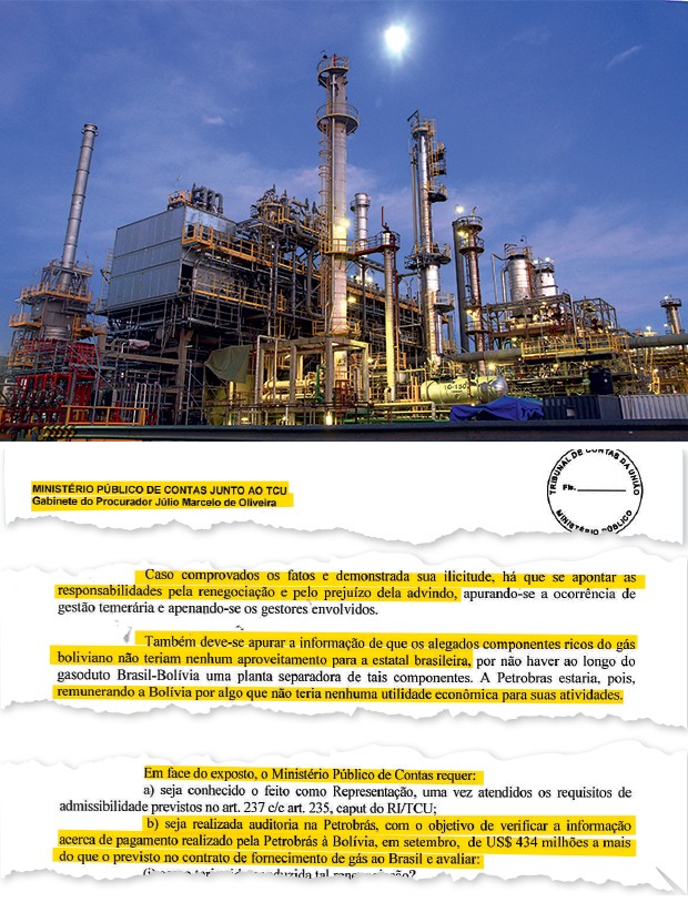 APURAÇÃO A refinaria  na Bolívia e o relatório dos procuradores (ao alto). Eles defendem  uma auditoria  na Petrobras (Foto: Jose Luis Quintana/LatinContent/Getty Images)