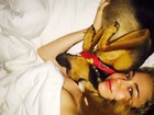 Sem sutiã, Miley Cyrus descansa com cachorros