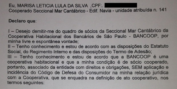 Instituto Lula divulgou termo de demissão da cooperativa, assinado por Marisa Letícia (Foto: Reprodução)