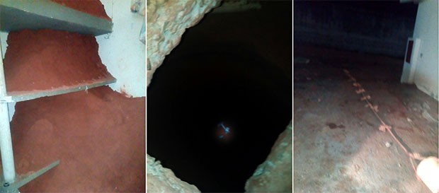 Areia ficou acumulada sobre os beliches dos presos; na foto, é possível ver uma corda com um balde utilizado na escavação do túnel (Foto: G1/RN)