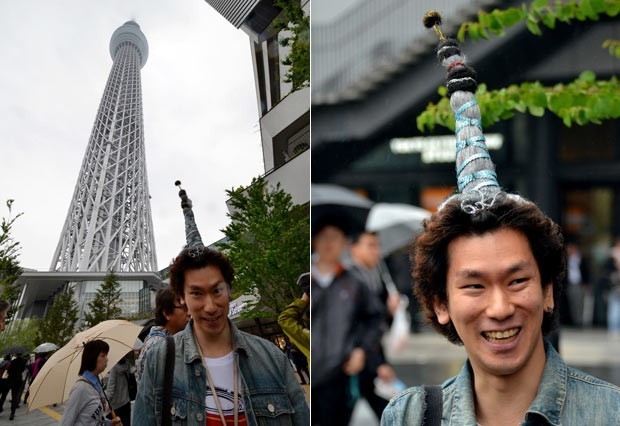 Em maio deste ano, um japonês exibiu um penteado de cabelo ao estilo da Tokyo Sky Tree, que é reconhecida como a torre mais alta do mundo.  (Foto: Yoshikazu Tsuno/AFP)