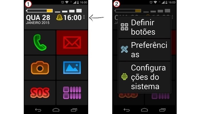 À esquerda, tela inicial do Android redesenhada com Big Launcher. À direita, opções de configuração do app (Foto: Reprodução/ Raquel Freire)