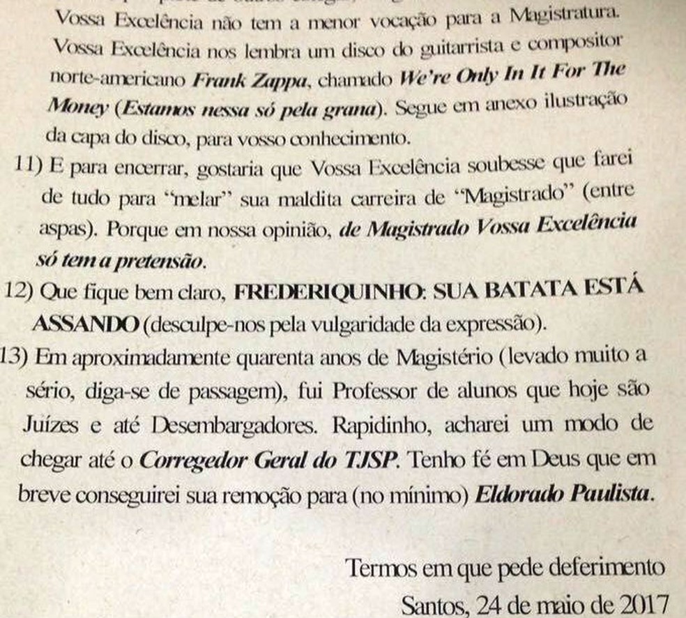 Em ofício, advogado compara juiz a disco de Frank Zappa (Foto: Arquivo Pessoal)