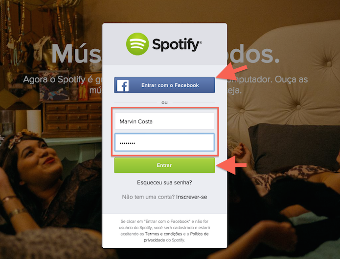 Realizando login no web player do Spotify (Foto: Reprodução/Marvin Costa)