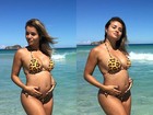 Aryane Steinkopf exibe barriguinha de grávida em praia