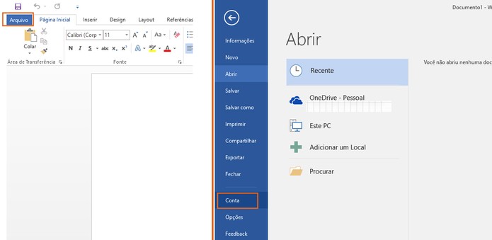 Acesse as configurações de Conta no programa do Microsoft Office 2016 (Foto: Reprodução/Barbara Mannara)