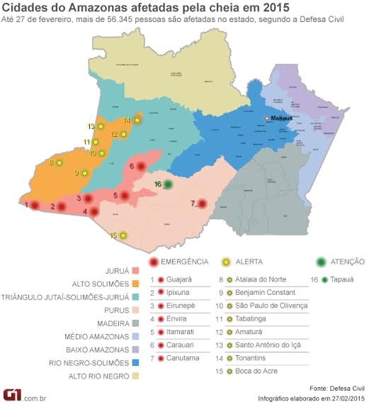 Municípios afetados pela cheia no AM