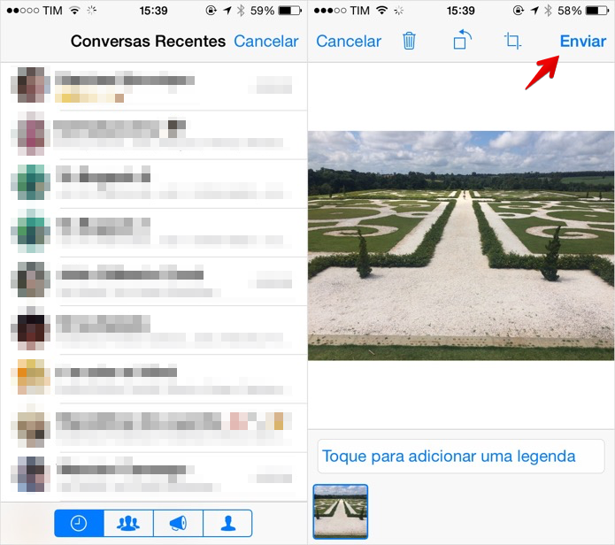 Selecione o contato ou grupo para enviar as fotos (Foto: Reprodução/Helito Bijora)
