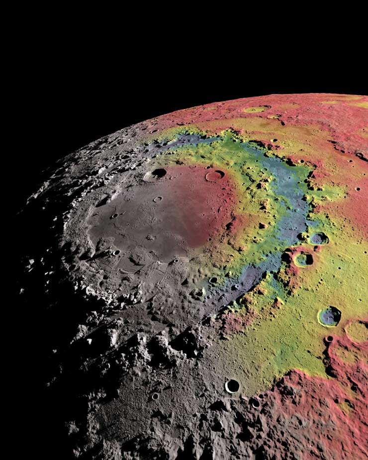   Cratera Oriental, na Lua, é composta por anéis e tme 930 km de diâmetro  (Foto: Ernest Wright, NASA/GSFC Scientific Visualization Studio)
