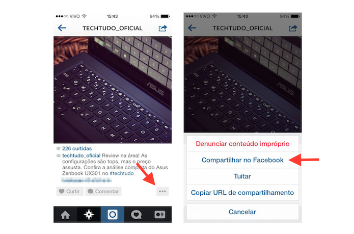 Acessando as opções de compartilhamento do Instagram para iOS (Foto: Reprodução/Marvin Costa)