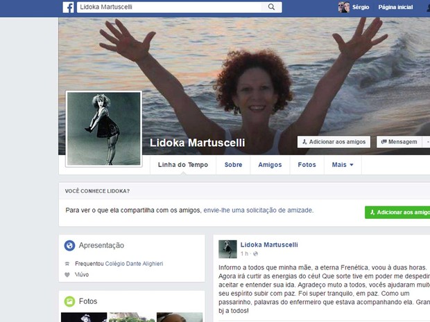 Filho Igor anuncia no Facebook a morte da mãe, Lidoka (Foto: Reprodução / Facebook de Lidoka)