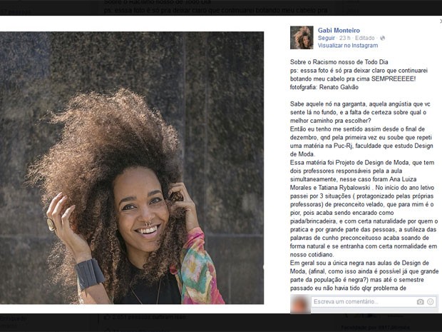 Aluna da Puc-Rio relata racismo em sala de aula (Foto: Reprodução/Facebook)