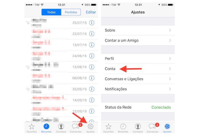 Acessando as opções de conta do WhatsApp para iPhone (Foto: Reprodução/Marvin Costa)