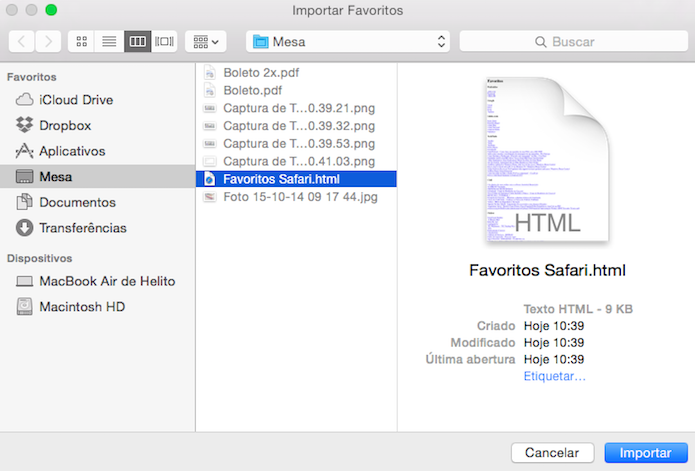 Selecione o arquivo HTML para ser importado (Foto: Reprodução/Helito Bijora) 
