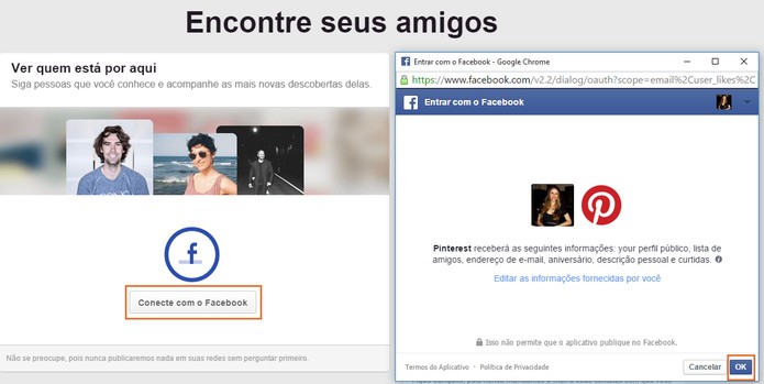 Confirme a ação no Facebook e busque pelos contatos pelo Pinterest (Foto: Reprodução/Barbara Mannara)