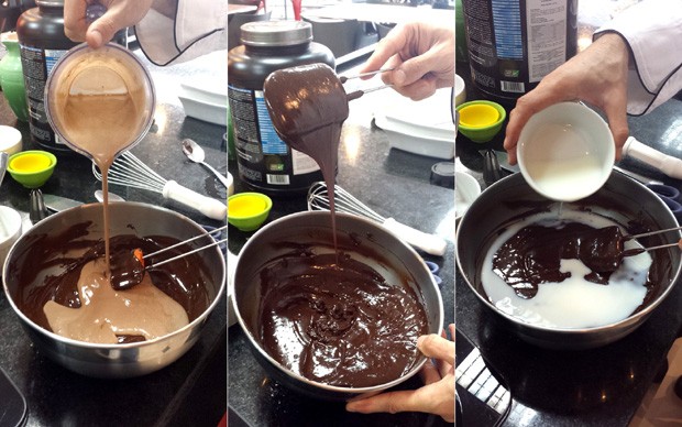 Para preparar a ganhache, é necessário derreter o chocolate 70% cacau em banho maria (Foto: Júlia Groppo) Para preparar a ganhache, é necessário derreter o chocolate 70% cacau em banho maria (Foto: Júlia Groppo)