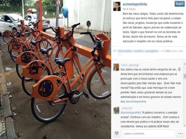 Bicicletas do 'Salvador vai de bike' são pichadas em Brotas (Foto: Reprodução/Instagram)