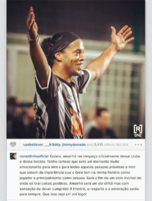 Ronaldinho Gaúcho, mensagem à torcida atleticana (Foto: Reprodução / Instagram)