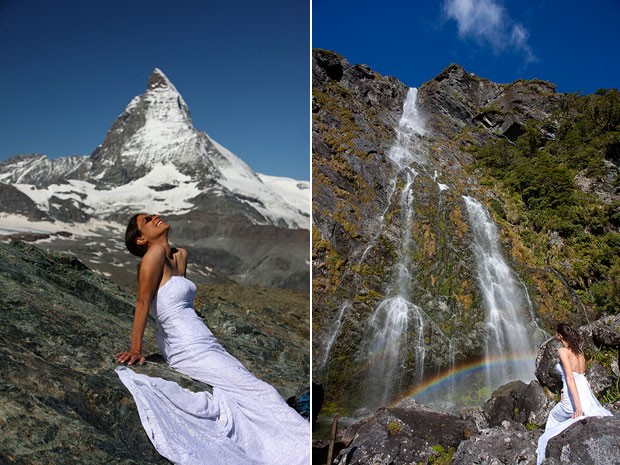 Jennifer Savage vestida de noiva na Suíça (esq.) e na Nova Zelândia (dir.) (Foto: Jeff Savage/Divulgação)