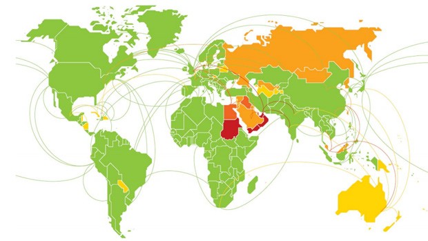 Mapa da ONU mostra, em verde, os países sem restrições a visitantes com HIV. Em laranja, as nações que preveem deportação aos soropositivos. Em vermelho claro, aquelas que vetam a permanência de pessoas com HIV para curtas permanências. E, em vermelho escuro, os países que barram totalmente os soropositivos. (Foto: Reprodução)