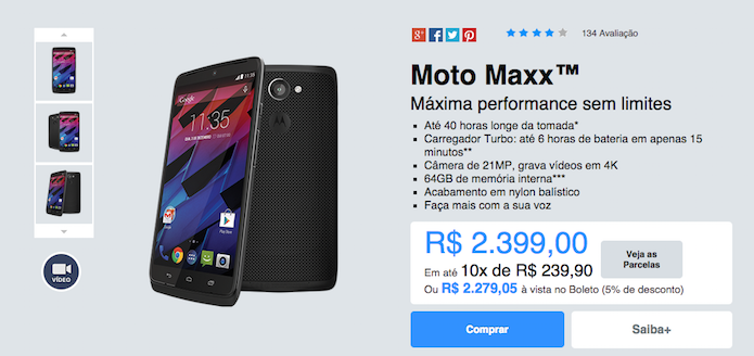 Site da Motorola já registra o novo valor R$ 200 mais caro do Moto Maxx (Reprodução/site Motorola)