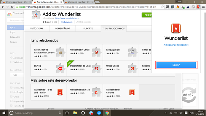 Usuário deve entrar com conta do Wunderlist para que extensão funcione (Foto: Reprodução/Elson de Souza)