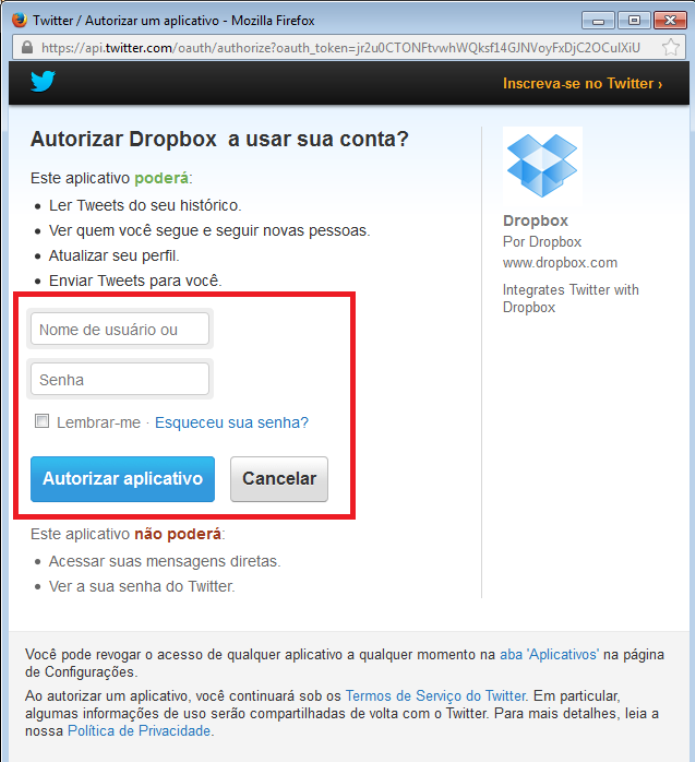 Faça login no Twitter para seguir o Dropbox (Foto: Reprodução/Lívia Dâmaso)
