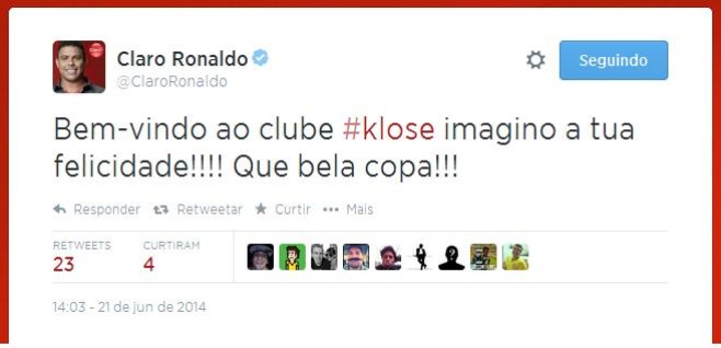 Ronaldo parabeniza Klose pelo seu 15º gol em Copas do Mundo (Foto: Reprodução/Twitter)