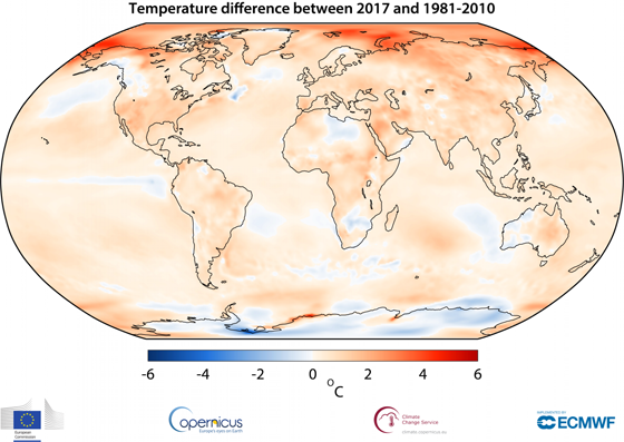 Mapa de anomalia de temperatura em 2017, comparada com a média dos últimos 30 anos. As áreas em tons de vermelho registraram temperaturas mais quentes do a média (Foto:  ECMWF Copernicus Climate Change Service)