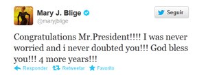Cantora Mary J. Blige diz que nunca duvidou de Barack Obama (Foto: Reprodução/Twitter)