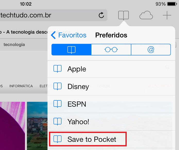 Bookmarlet atuando como uma extensão para integrar o Safari com o app Pocket (Foto: Reprodução/Edivaldo Brito)