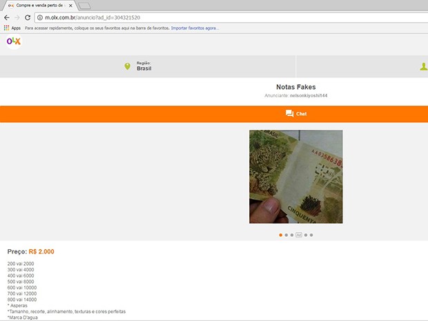 Notas falsas são vendidas em site de compra e venda (Foto: Reprodução/OLX)