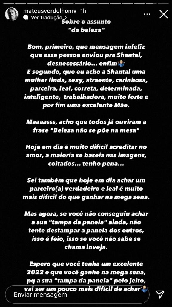 Mateus Verdelho opina sobre comentário de fã para Shantal (Foto: Reprodução/Instagram)