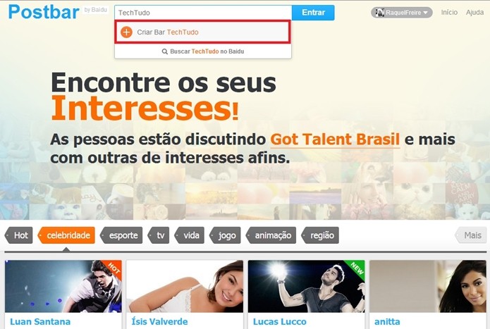 Tela inicial da Postbar logada, com destaque para criação de nova barra sobre o assunto TechTudo (Foto: Reprodução/Raquel Freire)