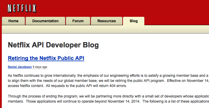 Anúncio oficial do Netflix sobre o encerramento da API pública (Foto: Reprodução/Edivaldo Brito)