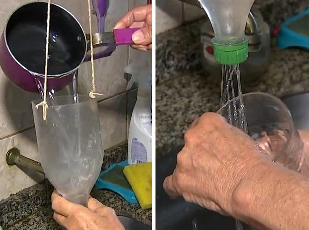 Rita criou torneira improvisada para economizar água (Foto: Reprodução/TV Tem)