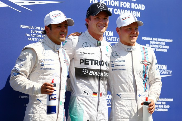 Nico Rosberg entre Felipe Massa e Valtteri Bottas, os três primeiros do grid de largada para o GP da Alemanha (Foto: Getty Images)