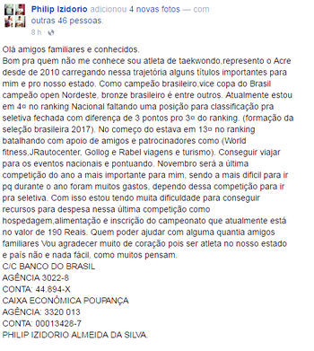Philip Izidório busca apoio para disputar Copa do Brasil no DF  (Foto: Reprodução/Facebook)