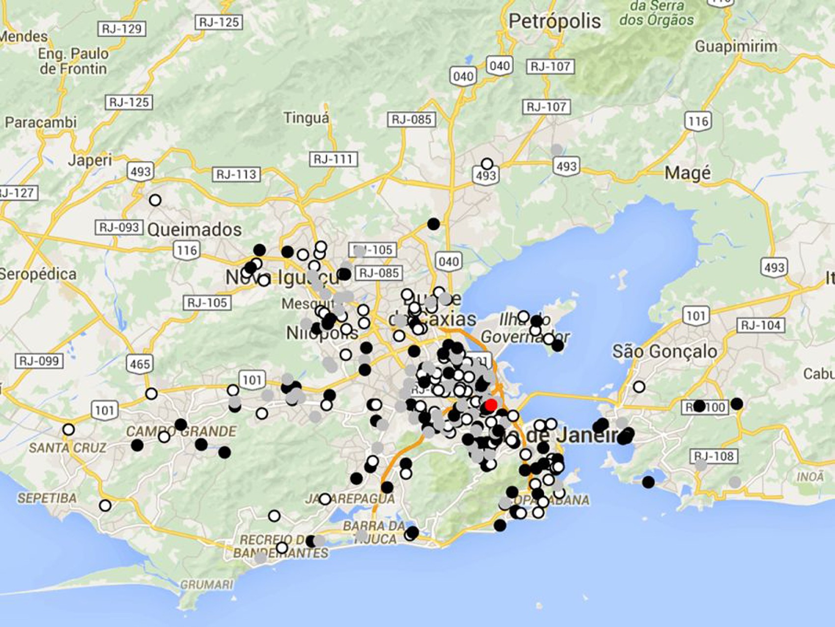  Distribuição espacial de casos com resultados positivos (pontos pretos), negativos (cinza) e não testados ainda (branco) para o vírus da zika entre 1º de janeiro e 31 de julho  (Foto: Patricia Brasil/Divulgação)