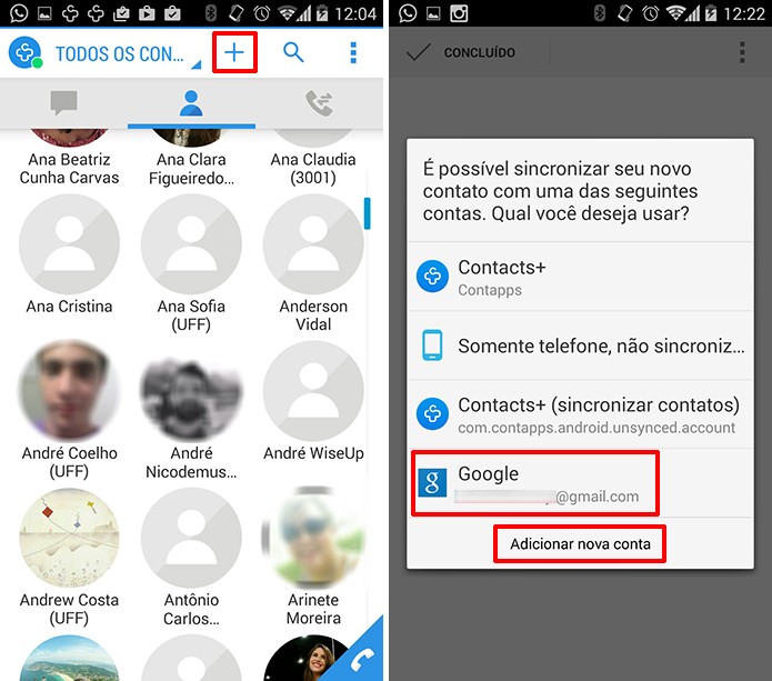Contacts+ pode adicionar um contato ao Android utilizando a conta do Google do aparelho (Foto: Reprodução/Elson de Souza)